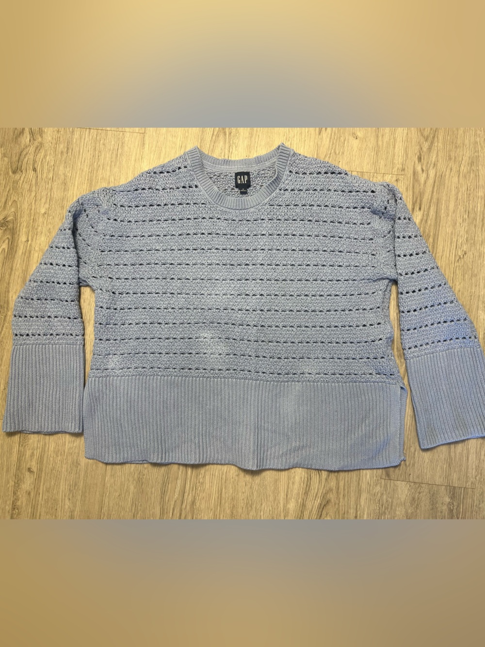 GAP Women's Pale Blue Open-Knit Crewneck Sweater